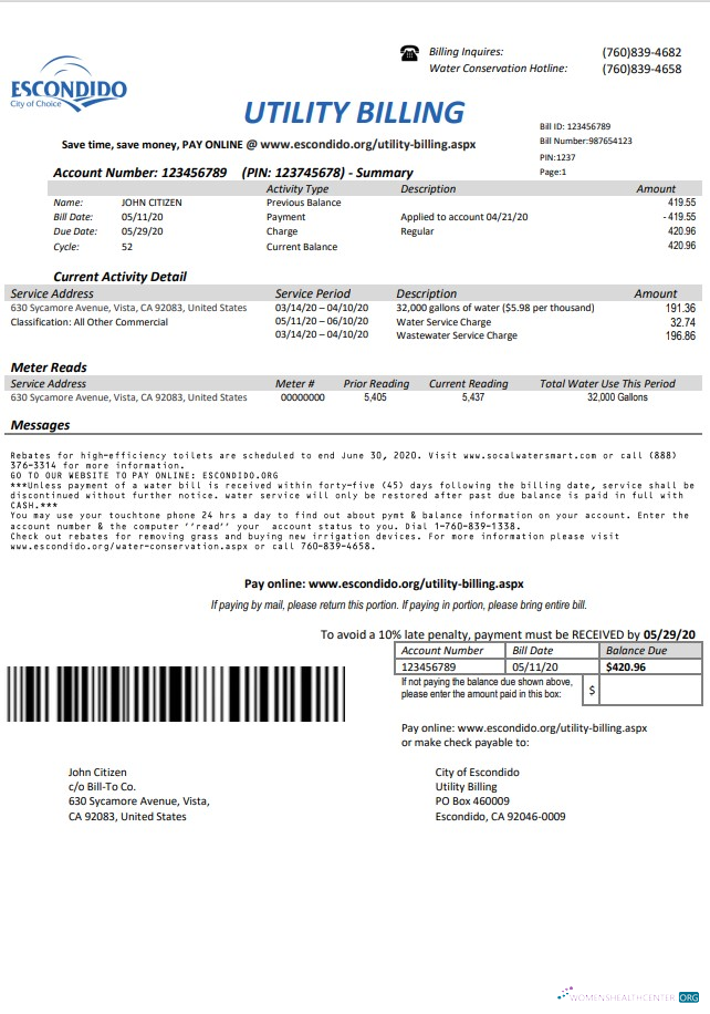 download USA California Escondido City of Choice utility bill template in Word and PDF format PDF template